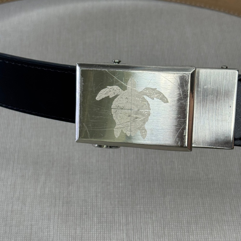 Nexbelt no‎ hole adjustable black leather silver buckle tribal turtle
